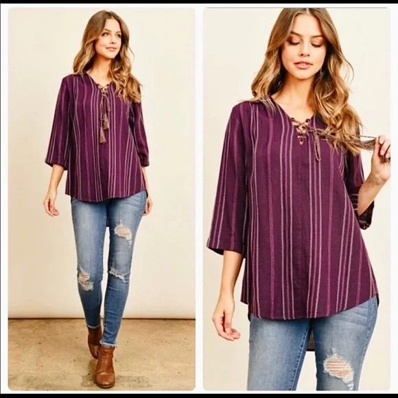 BOHO shirt woven knit TOP variegated stripe jacquard top S TRENDING deep Purple - Picture 4 of 16